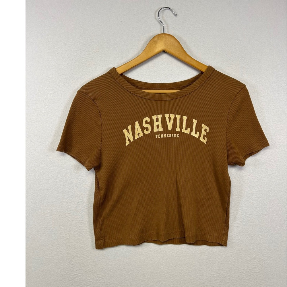 Western Social Culture Womens L Brown Nashville Tennessee Ribbed Crop Tee